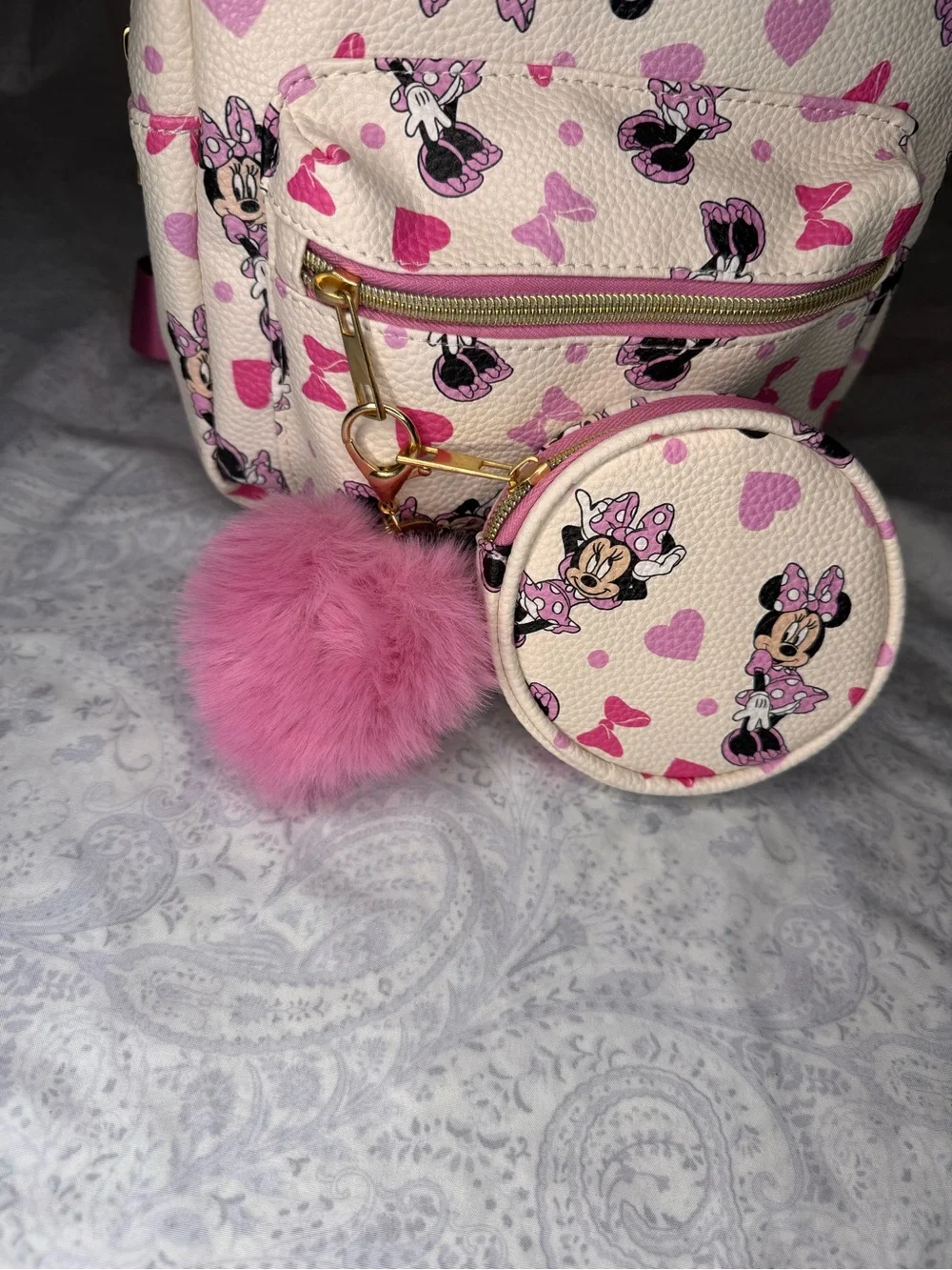Disney Modern Minnie Mouse on Cream & Heart Mini Backpack with Pom & Coin Pouch